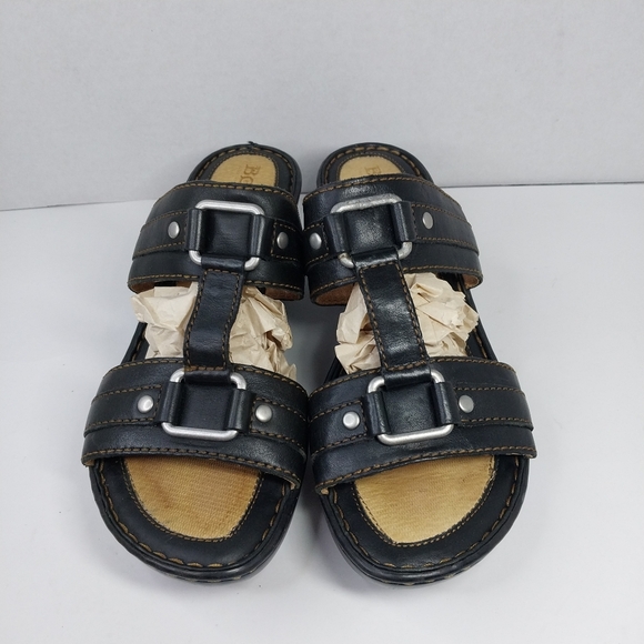 Born Sandals Women's Size 8 Black Leather Wedge Heel Boho Chic Slip on Shoes - Picture 2 of 13